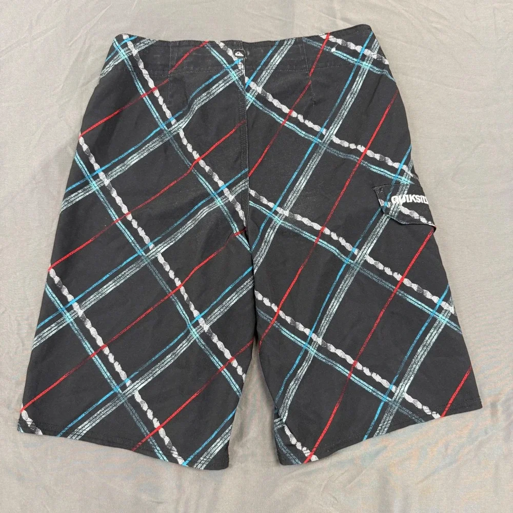 Quiksilver Boys Black Plaid Board Shorts Size‎ 12 Swim Trunks Cargo Pocket